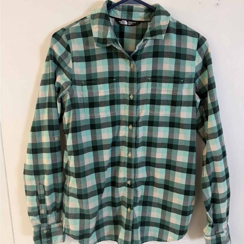 The North Face Womens Mint and Forest Green Plaid Button-Down Shirt